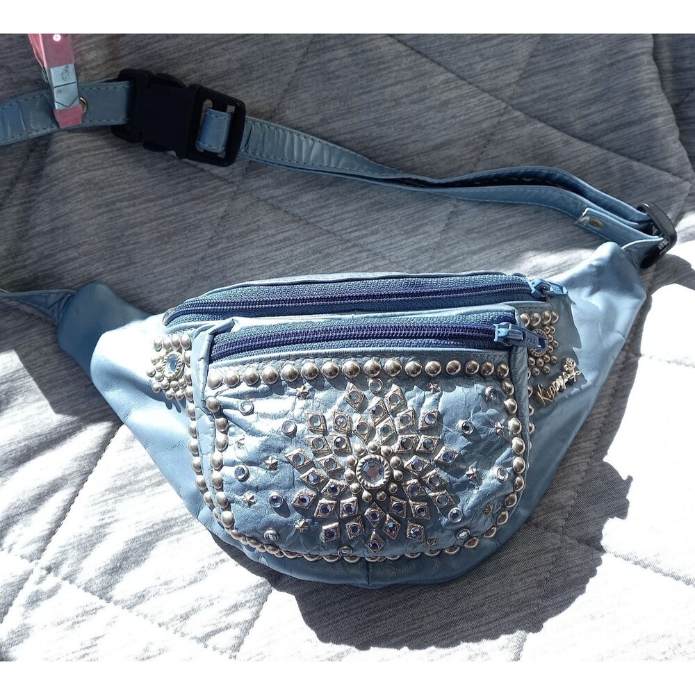 Kippys Vintage Bling Studded Metallic Blue Leather Fanny Pack Retro Cowgirl